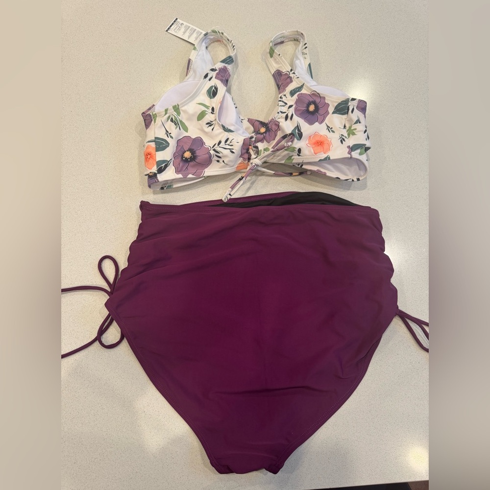 Summer Mae Floral -Solid Purple Bikini Maternity Swim Set Size:Large - Picture 3 of 10